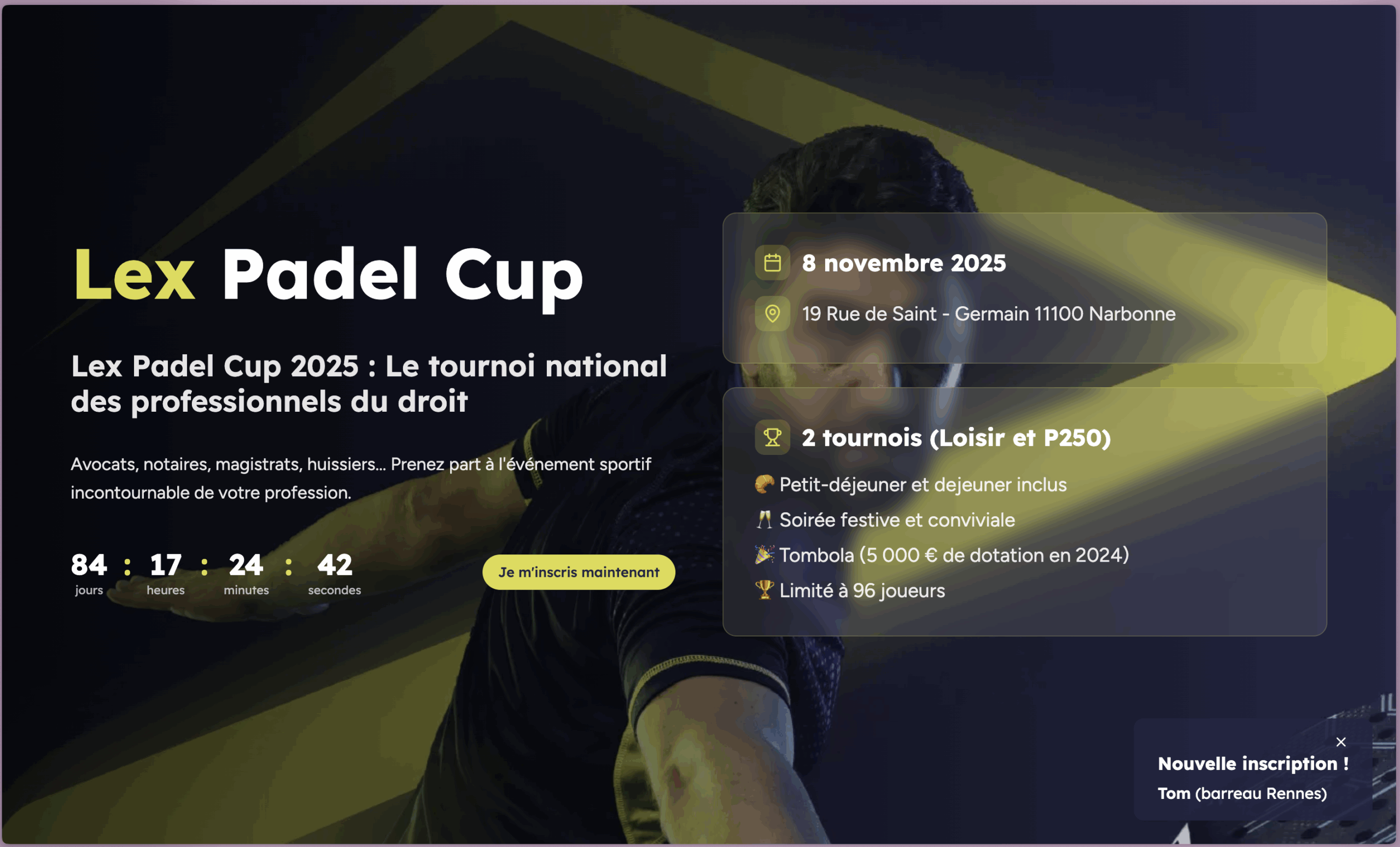 Interface principale de la plateforme Lex Padel Cup